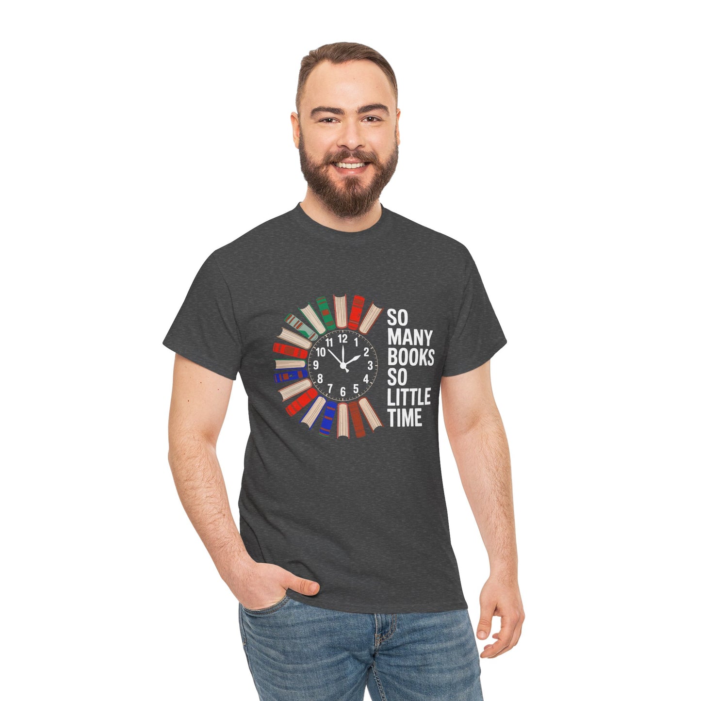 Light gray T-shirt with a reading clock design and "So Many Books So Little Time" text, perfect for book lovers.