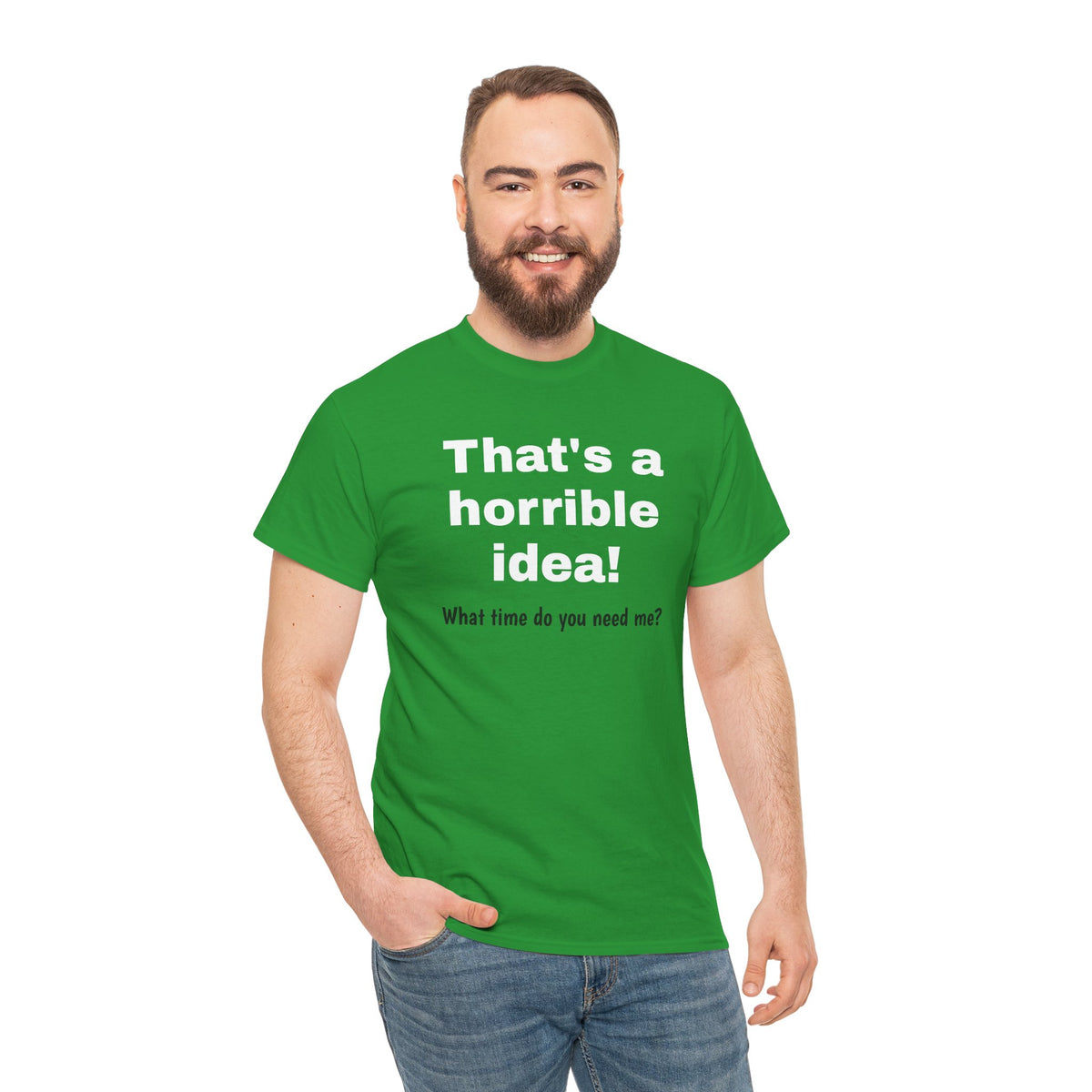 Funny black T-shirt with sarcastic "What time do you need me?" graphic, from Printify, featuring a casual fit and humorous design.