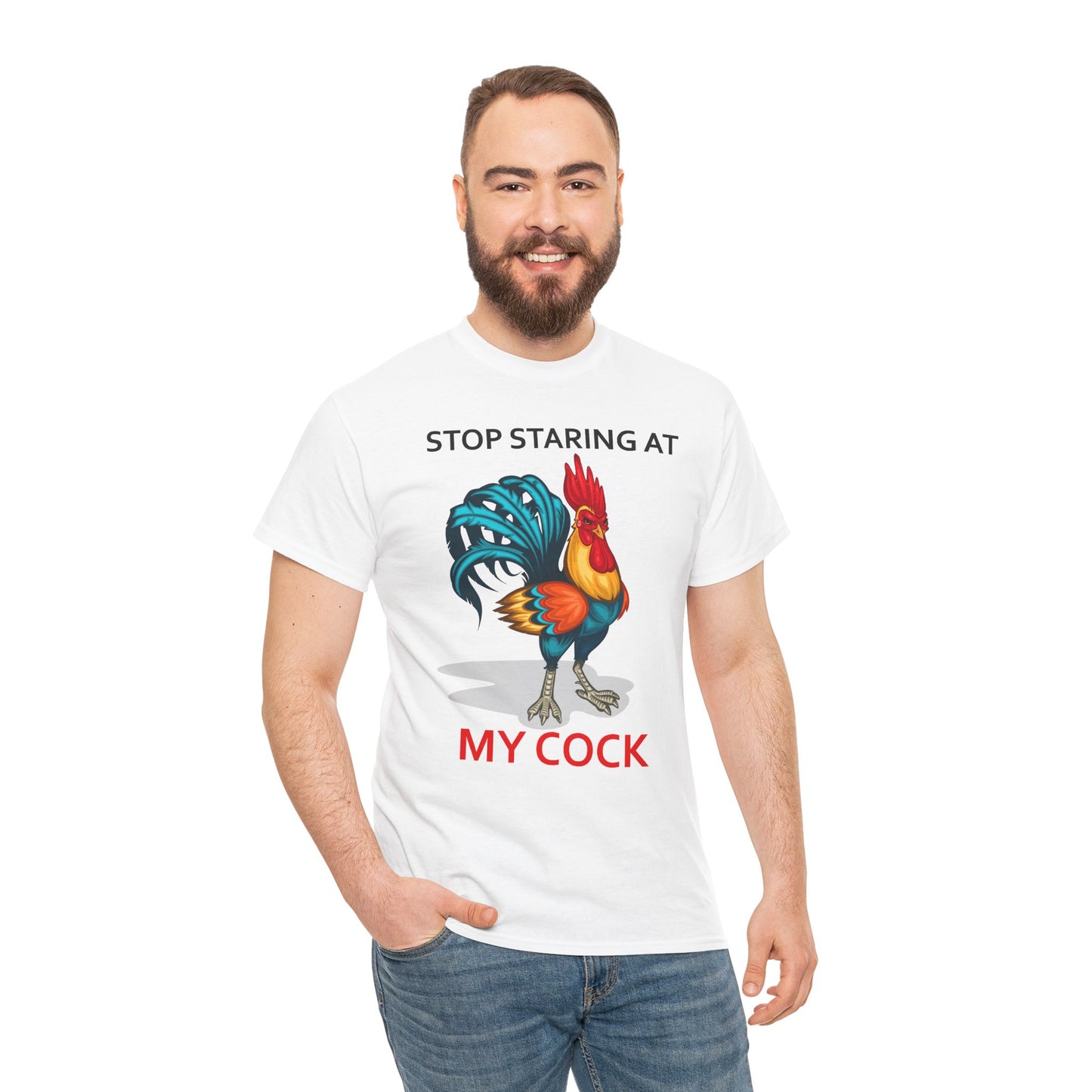 Funny chicken lovers T-shirt with "Stop Staring at My Cock" print, unisex farm animal design from Printify, casual farm-themed apparel.