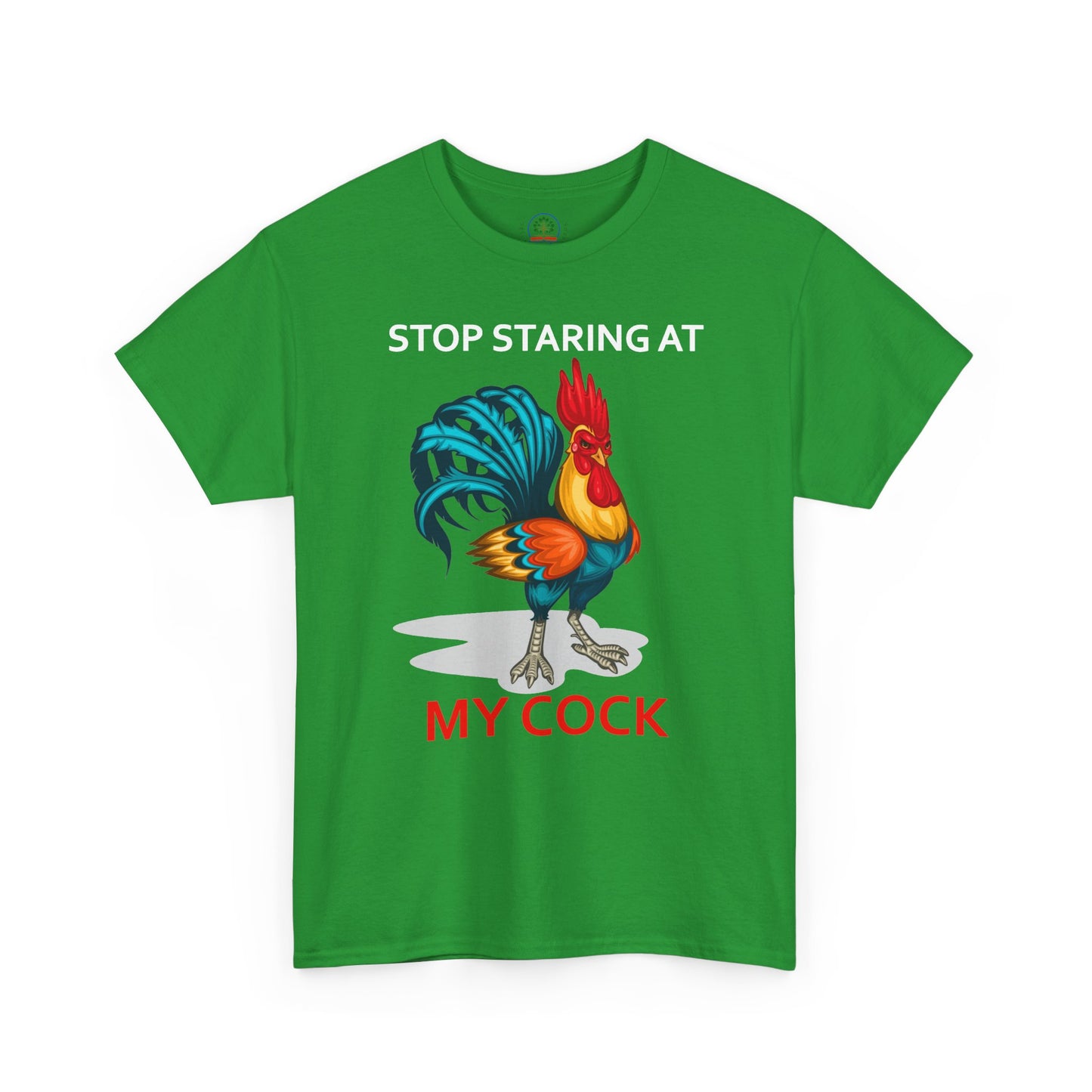 Unisex chicken-themed T-shirt with humorous "Stop Staring at My Cock" print, farm animal design, by Printify.