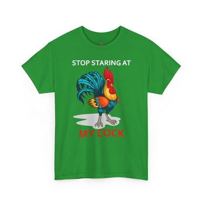 Unisex chicken-themed T-shirt with humorous "Stop Staring at My Cock" print, farm animal design, by Printify.