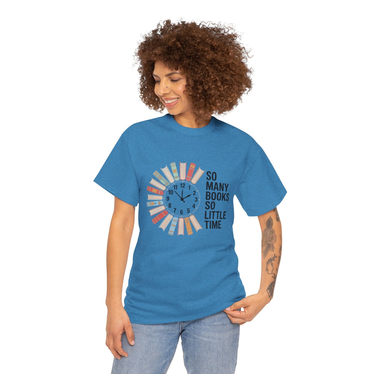 Printify T-shirt featuring a reading clock design for book lovers, with the phrase "So Many Books So Little Time" on a casual tee.
