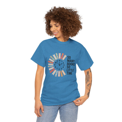 Printify T-shirt featuring a reading clock design for book lovers, with the phrase "So Many Books So Little Time" on a casual tee.