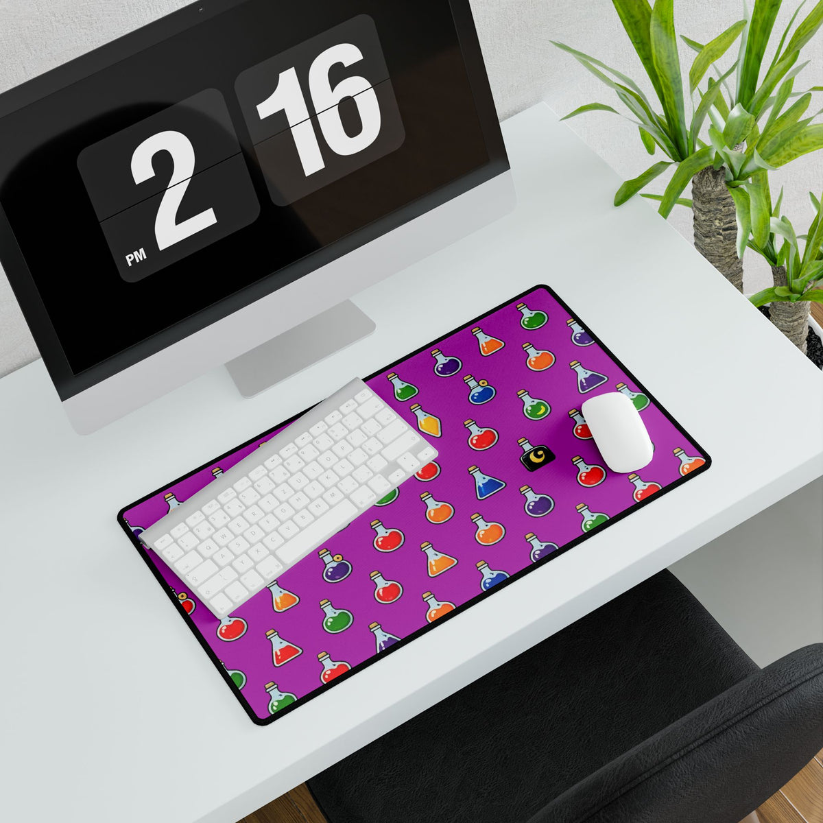 Potion bottle-themed desk mat featuring colorful potion illustrations, designed for home decor and extended mousepad use.