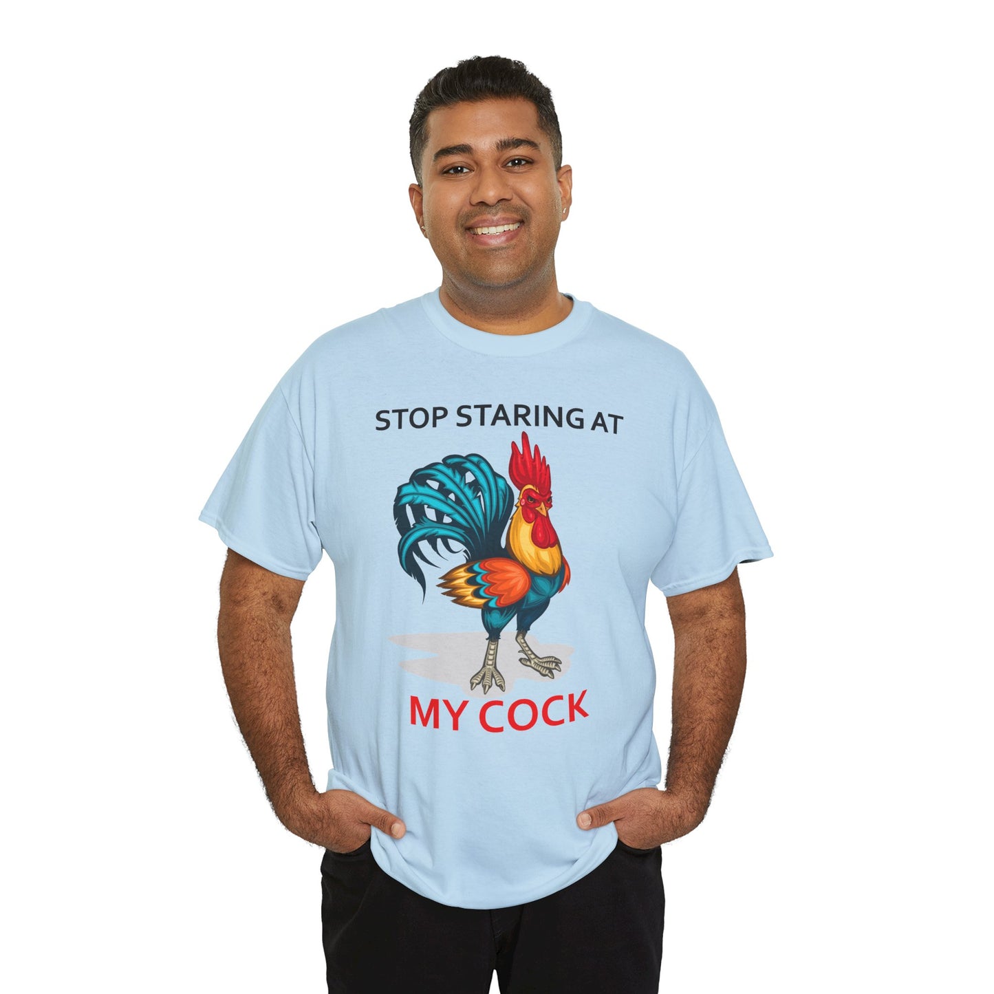 Funny chicken lovers T-shirt featuring a humorous "Stop Staring at My Cock" design, unisex farm animal shirt by Printify.
