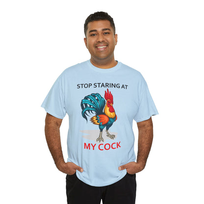 Funny chicken lovers T-shirt featuring a humorous "Stop Staring at My Cock" design, unisex farm animal shirt by Printify.