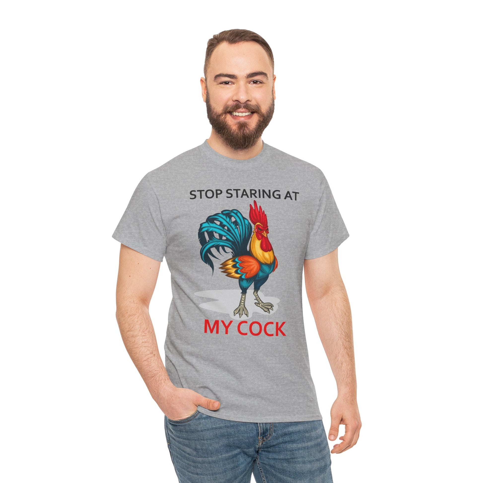 Unisex farm animal T-shirt featuring a humorous chicken design with the text "Stop Staring at My Cock" in bold print.