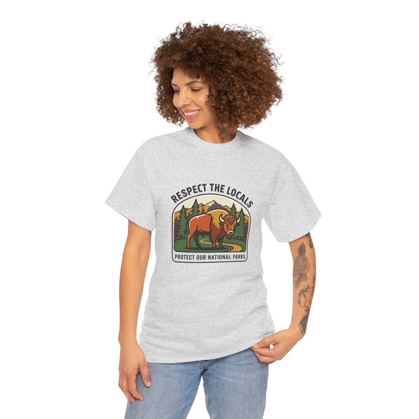 Respect the Locals Bison Patch T-Shirt featuring a bison design, ideal for hiking and camping souvenirs, by Printify.