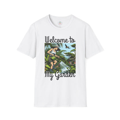 Welcome to My Garden Unisex T-Shirt - Funny Woman Watering Jungle Tee, Plant