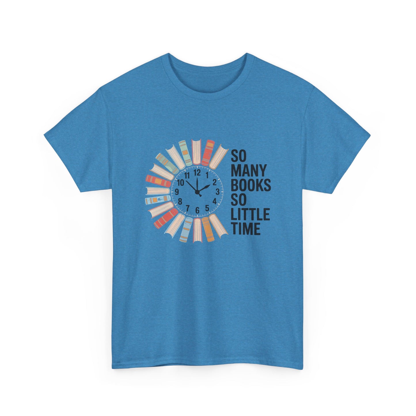 Black T-shirt featuring a "So Many Books So Little Time" print with a reading clock design, perfect for book lovers.