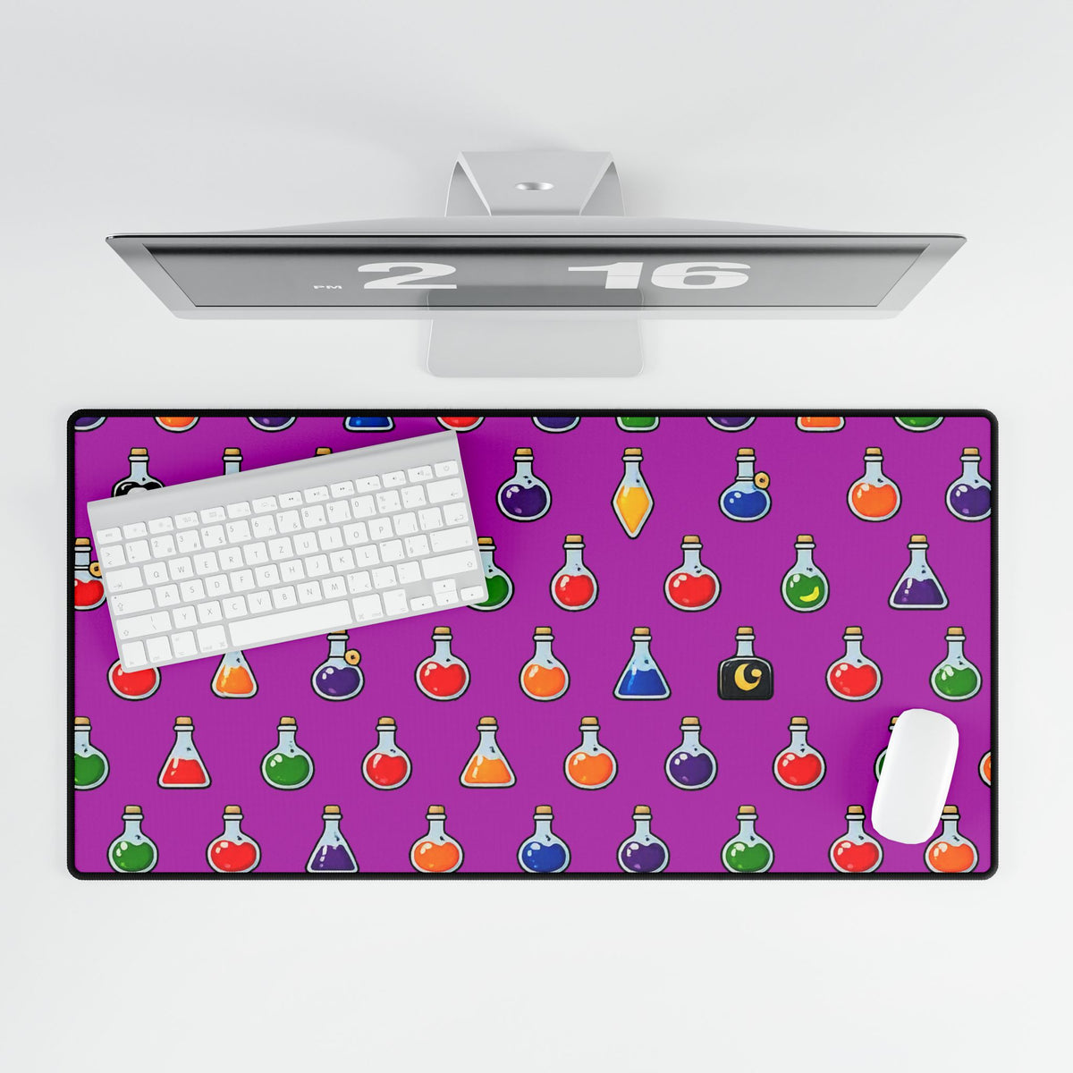 Potion Bottle Desk Mat featuring vibrant potion illustrations, extended mousepad for home decor and computer setup.