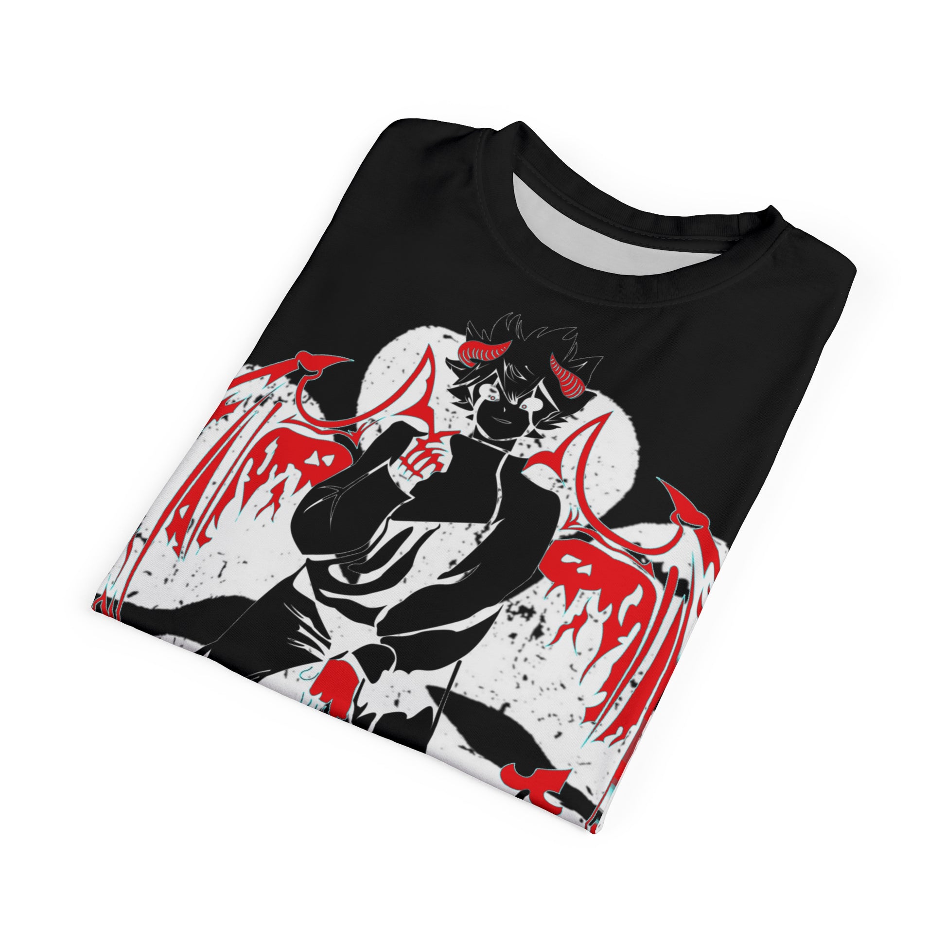 Black Clover Asta demon print unisex anime tee with all-over manga-inspired design, featuring bold character artwork on a black shirt.