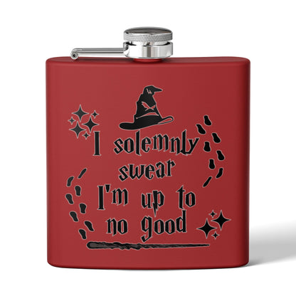 Stainless steel 6oz "I Solemnly Swear I Am Up To No Good" mug by Printify, featuring a Harry Potter-inspired phrase.