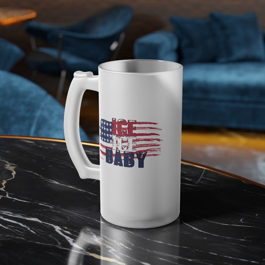 Frosted glass beer mug with patriotic brushstroke design, American flag, USA theme, red, white, and blue colors.