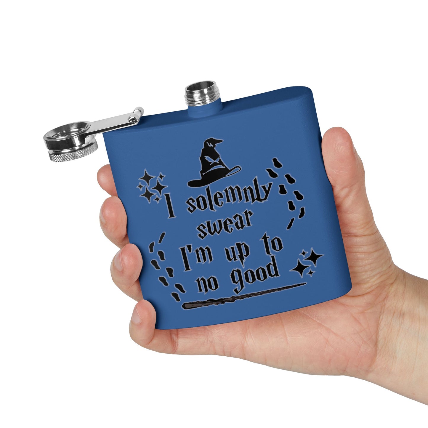 Stainless steel 6oz mug with "I Solemnly Swear I Am Up To No Good" print, ideal for Harry Potter fans.