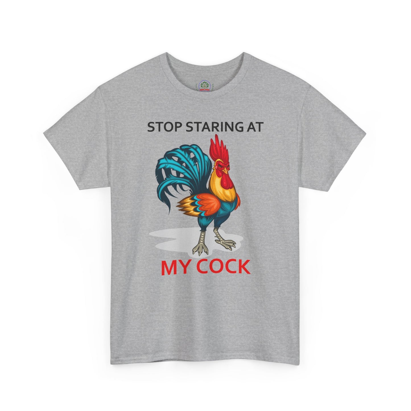 Unisex chicken-themed T-shirt with "Stop Staring at My Cock" print, funny farm animal design, by Printify.