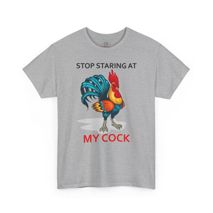 Unisex chicken-themed T-shirt with "Stop Staring at My Cock" print, funny farm animal design, by Printify.