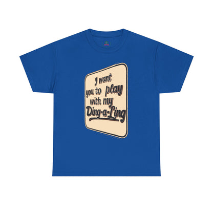 Retro humor graphic T-shirt by Printify featuring Chuck Berry's "I Want You to Play with My Ding-a-Ling" design on a novelty tee.
