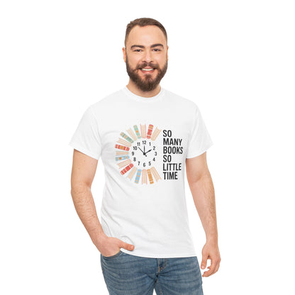 Gray T-shirt with a reading clock design featuring the phrase "So Many Books So Little Time" for book lovers.