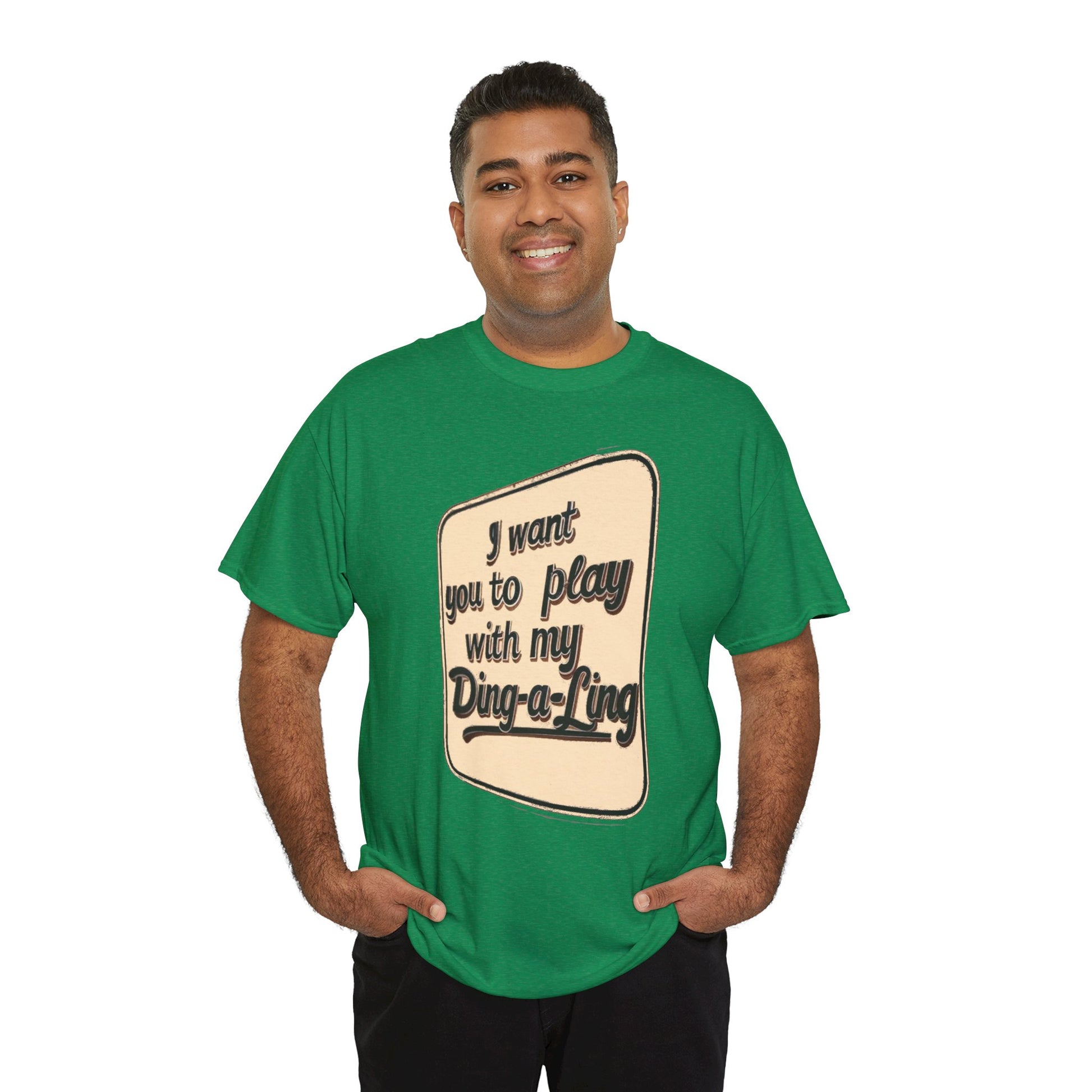 Retro graphic T-shirt by Printify featuring Chuck Berry's "I Want You to Play with My Ding-a-Ling" humorous design.