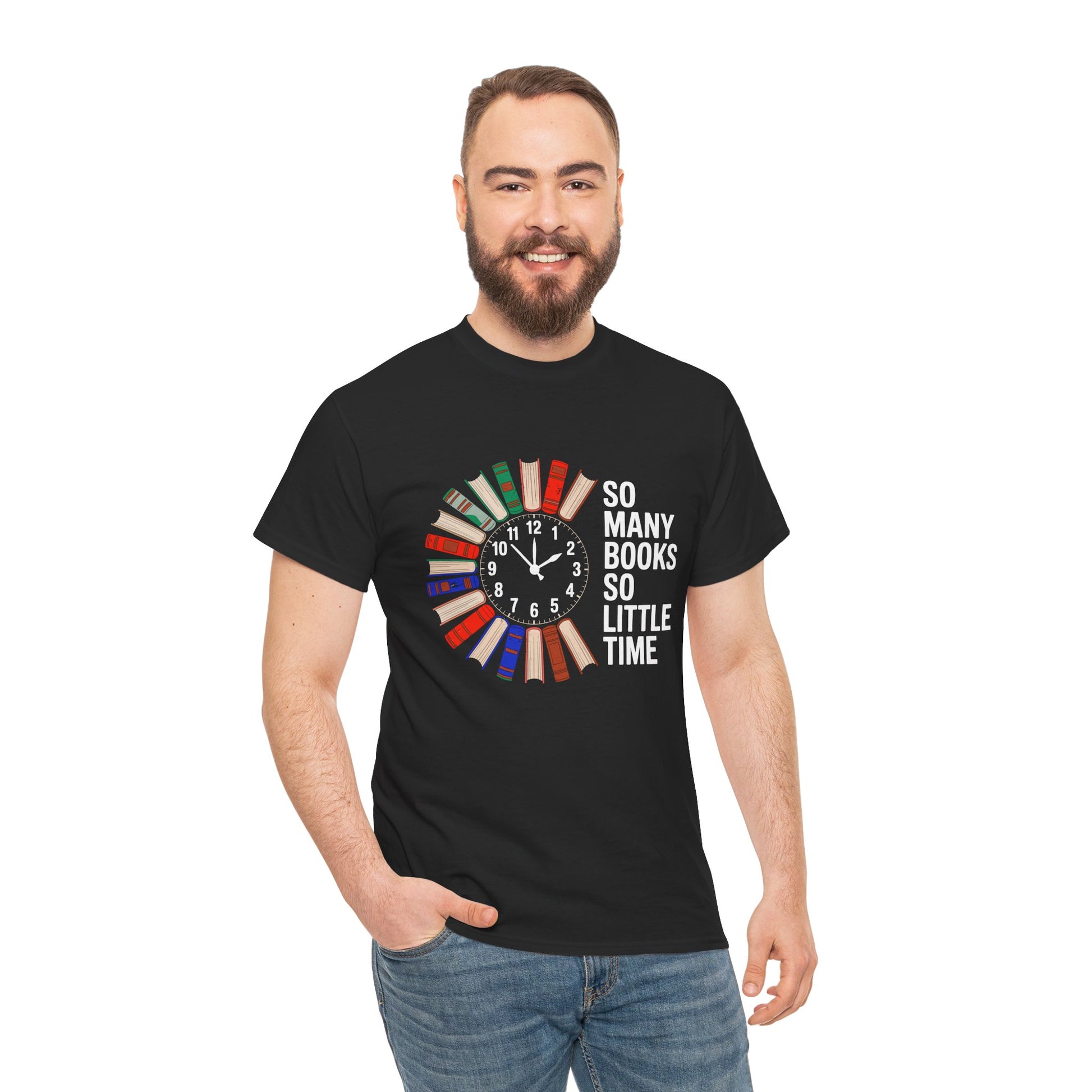 Black T-shirt with "So Many Books So Little Time" text and a clock reading, perfect for book lovers and reading enthusiasts.