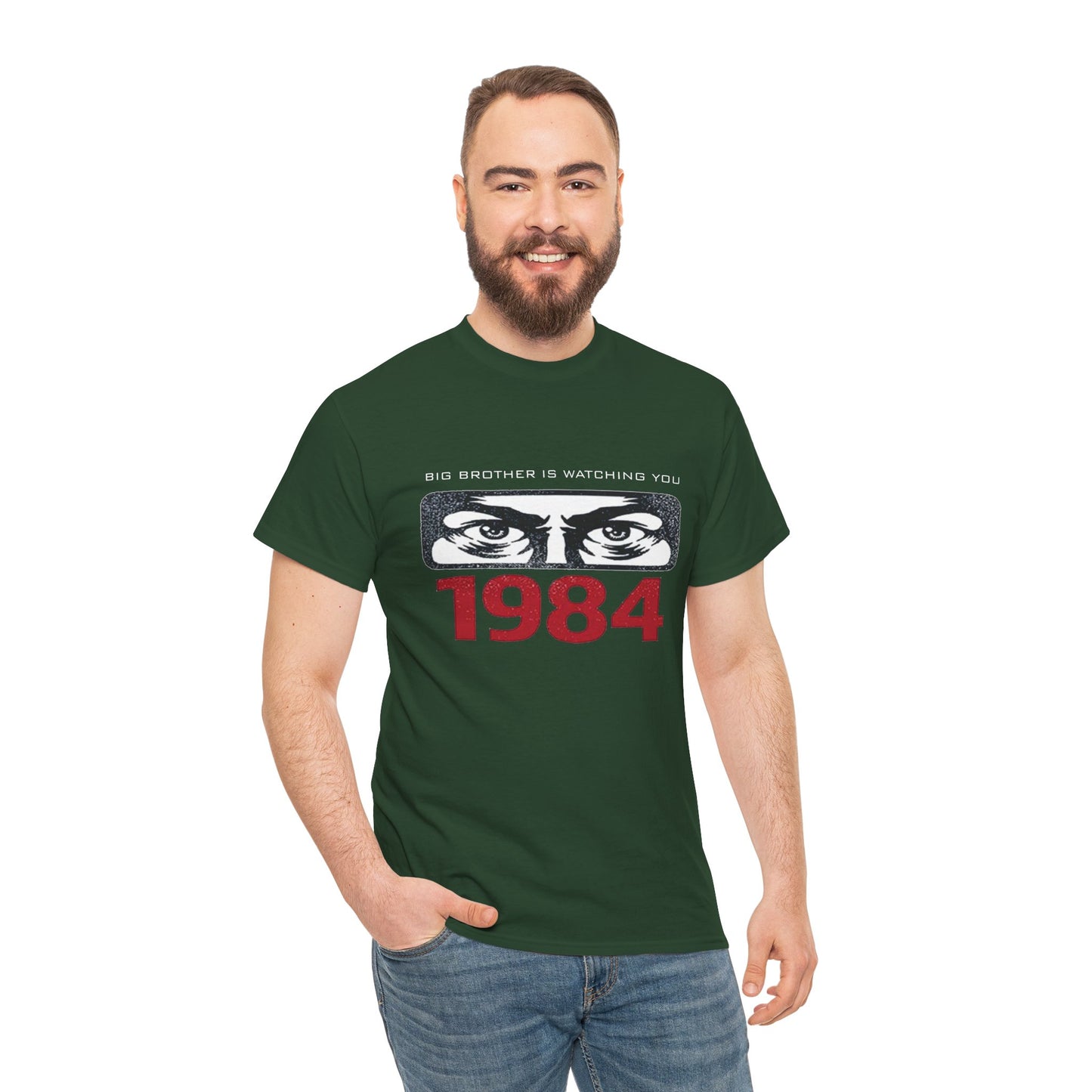 Black Big Brother Is Watching You 1984 T-Shirt featuring George Orwell dystopian design, ideal for political protest or casual wear.