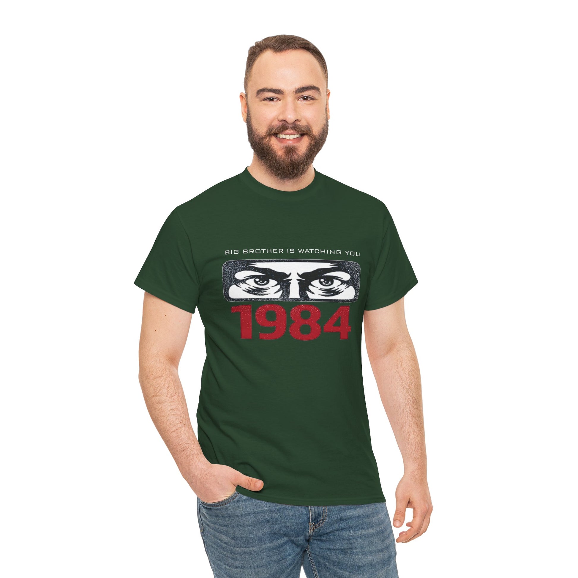 Black Big Brother Is Watching You 1984 T-Shirt featuring George Orwell dystopian design, ideal for political protest or casual wear.