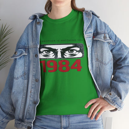 Black Big Brother Is Watching You 1984 T-Shirt by Printify featuring George Orwell dystopian design and political protest message.