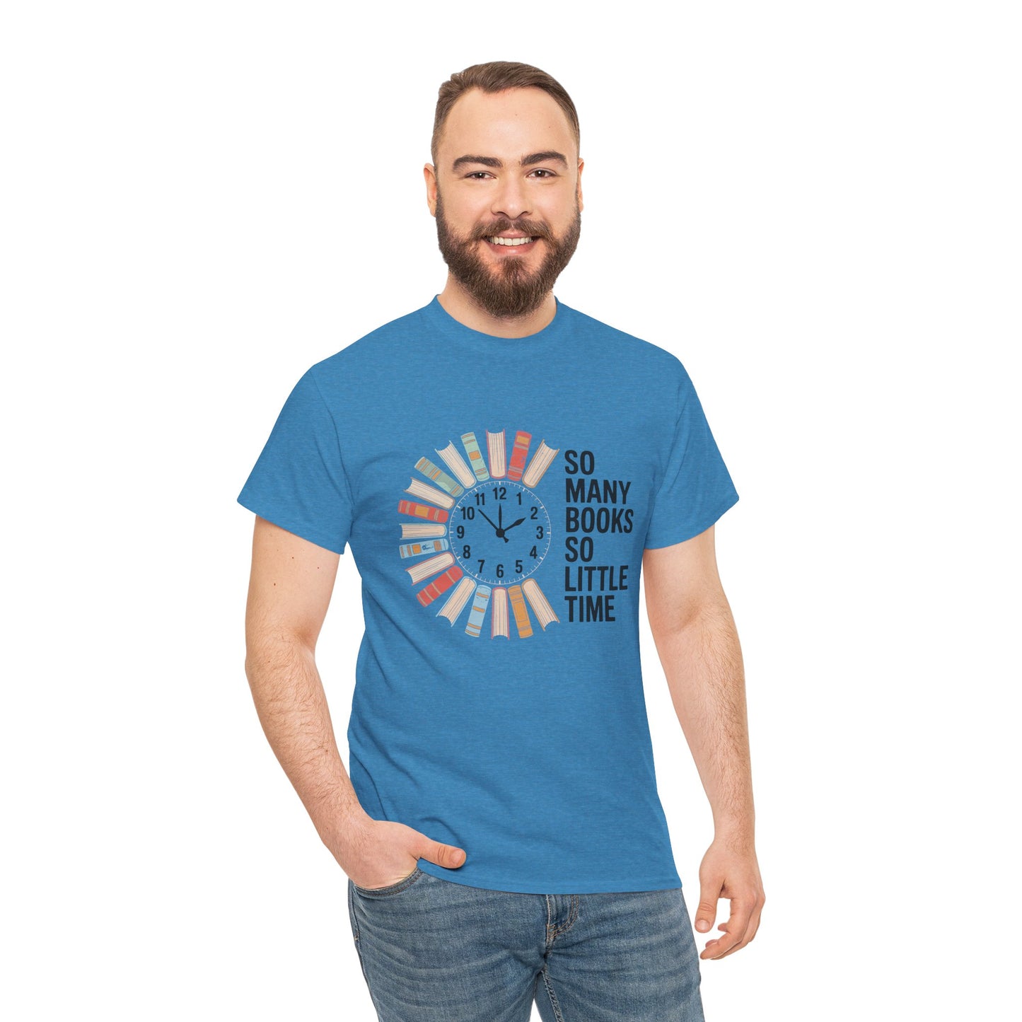 Printify T-shirt with reading clock and book lover design, "So Many Books So Little Time" slogan, ideal for book enthusiasts.