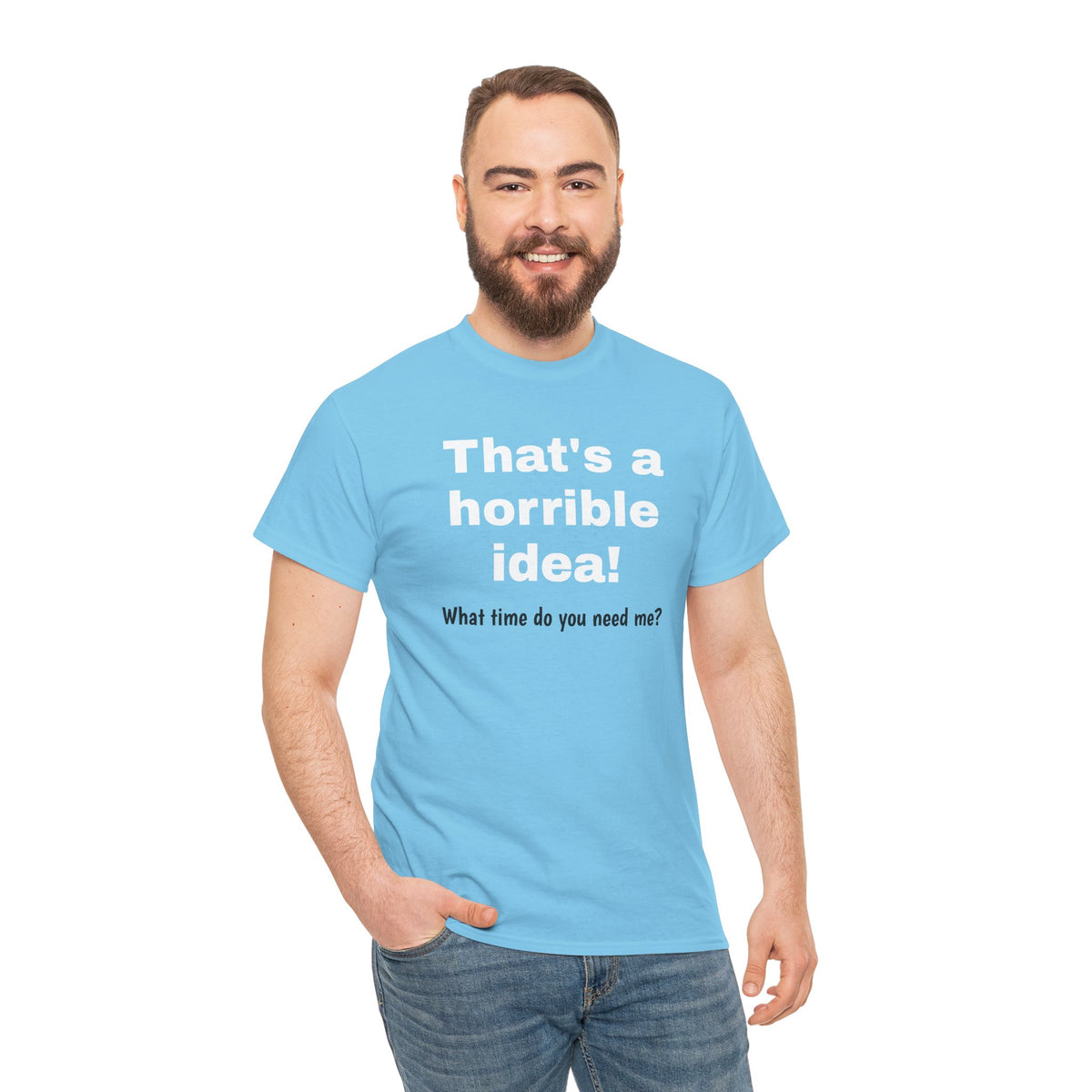 Funny gray T-shirt by Printify featuring a sarcastic graphic that says "What time do you need me?" for humorous casual wear.