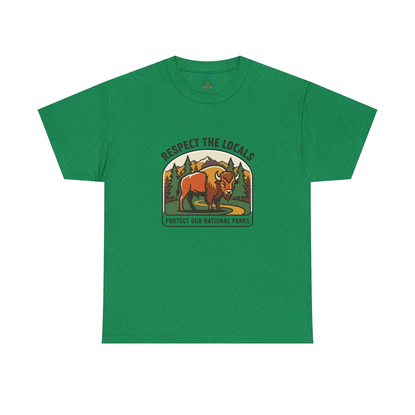Respect the Locals Bison patch T-shirt by Printify featuring a hiking and camping design for national parks enthusiasts.