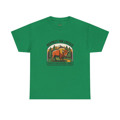 Respect the Locals Bison patch T-shirt by Printify featuring a hiking and camping design for national parks enthusiasts.