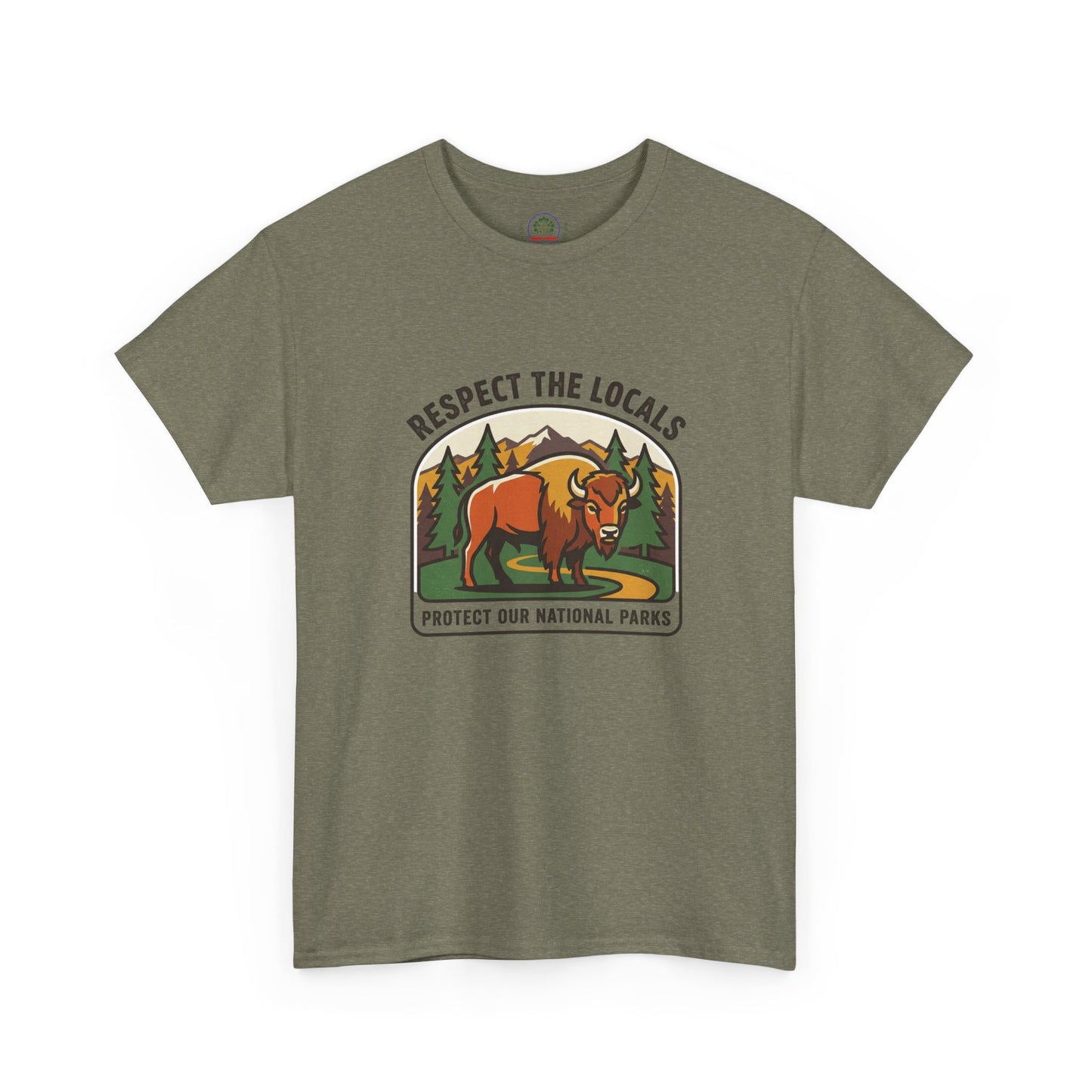 Respect the Locals Bison Patch T-Shirt featuring a national parks design, perfect for hiking and camping enthusiasts.