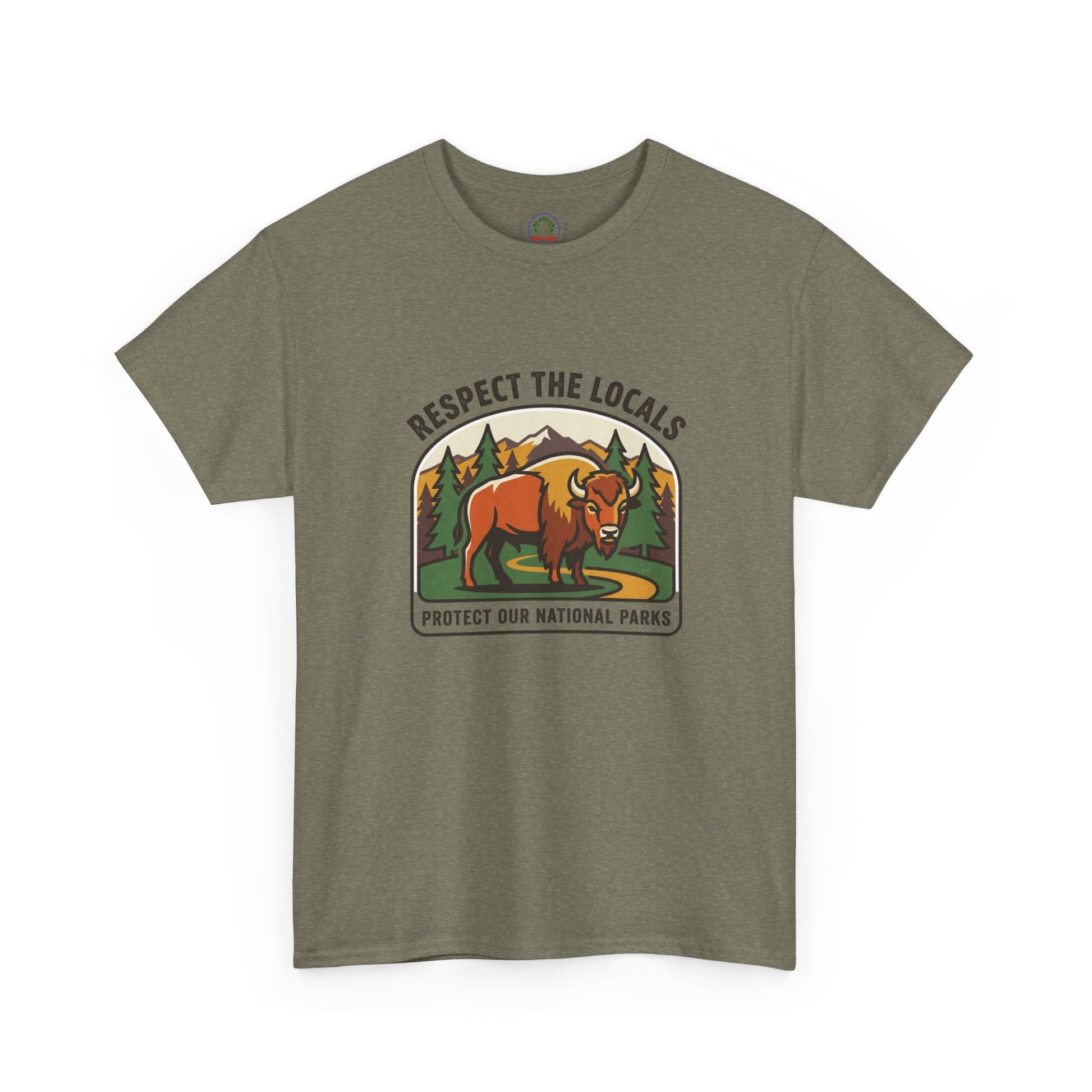 Respect the Locals Bison Patch T-Shirt featuring a national parks design, perfect for hiking and camping enthusiasts.