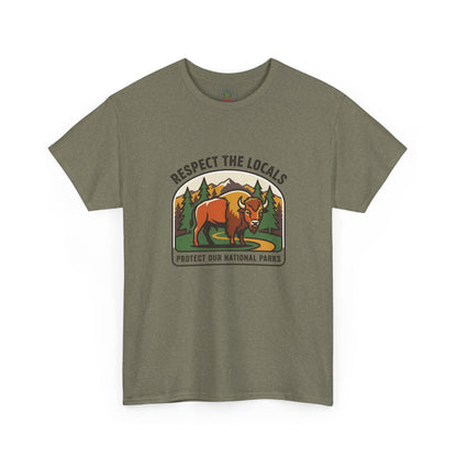 Respect the Locals Bison Patch T-Shirt featuring a national parks design, perfect for hiking and camping enthusiasts.