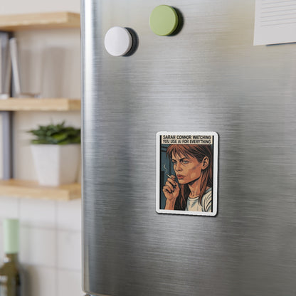 Sarah Connor AI die-cut magnet featuring cyberpunk retro design, perfect for home decor and fans of sci-fi and sarcastic art.