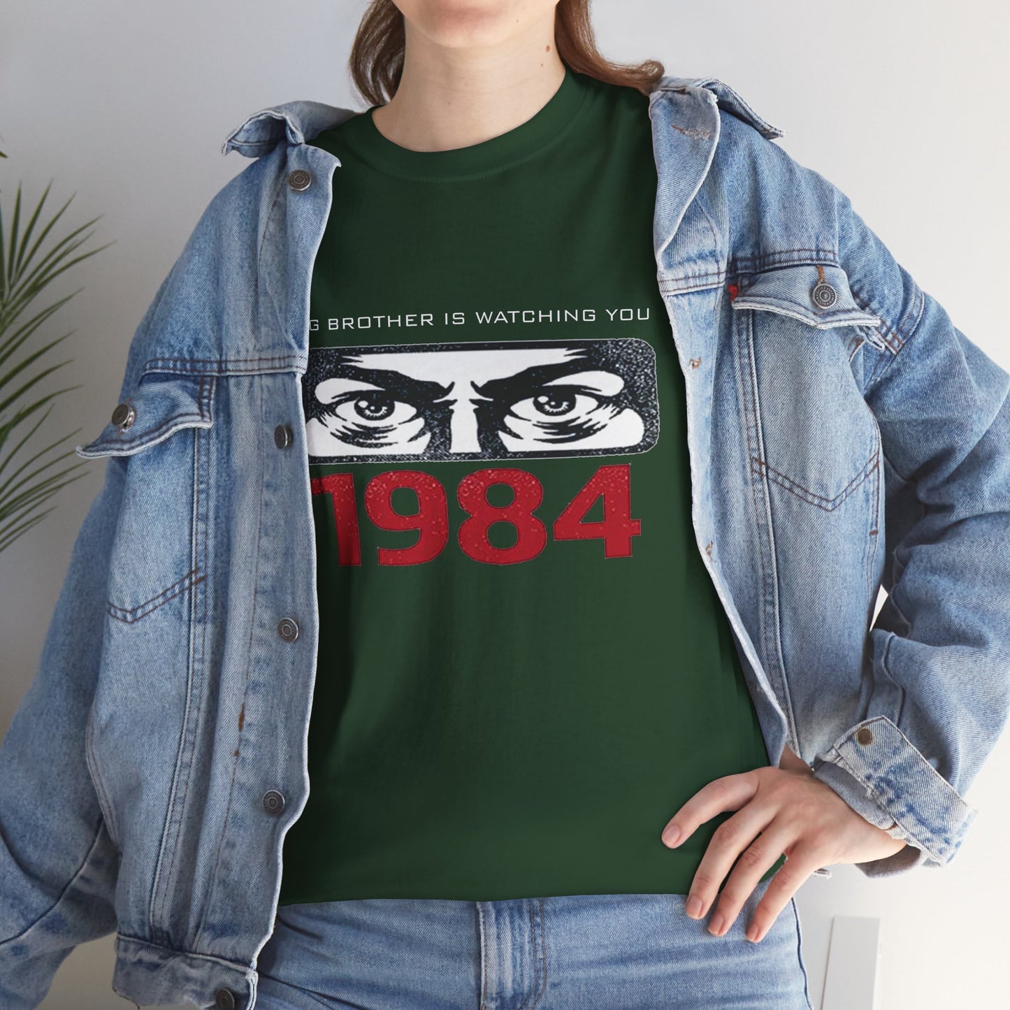 Gray "Big Brother Is Watching You" George Orwell 1984 dystopian T-shirt, political protest tee with bold printed design.