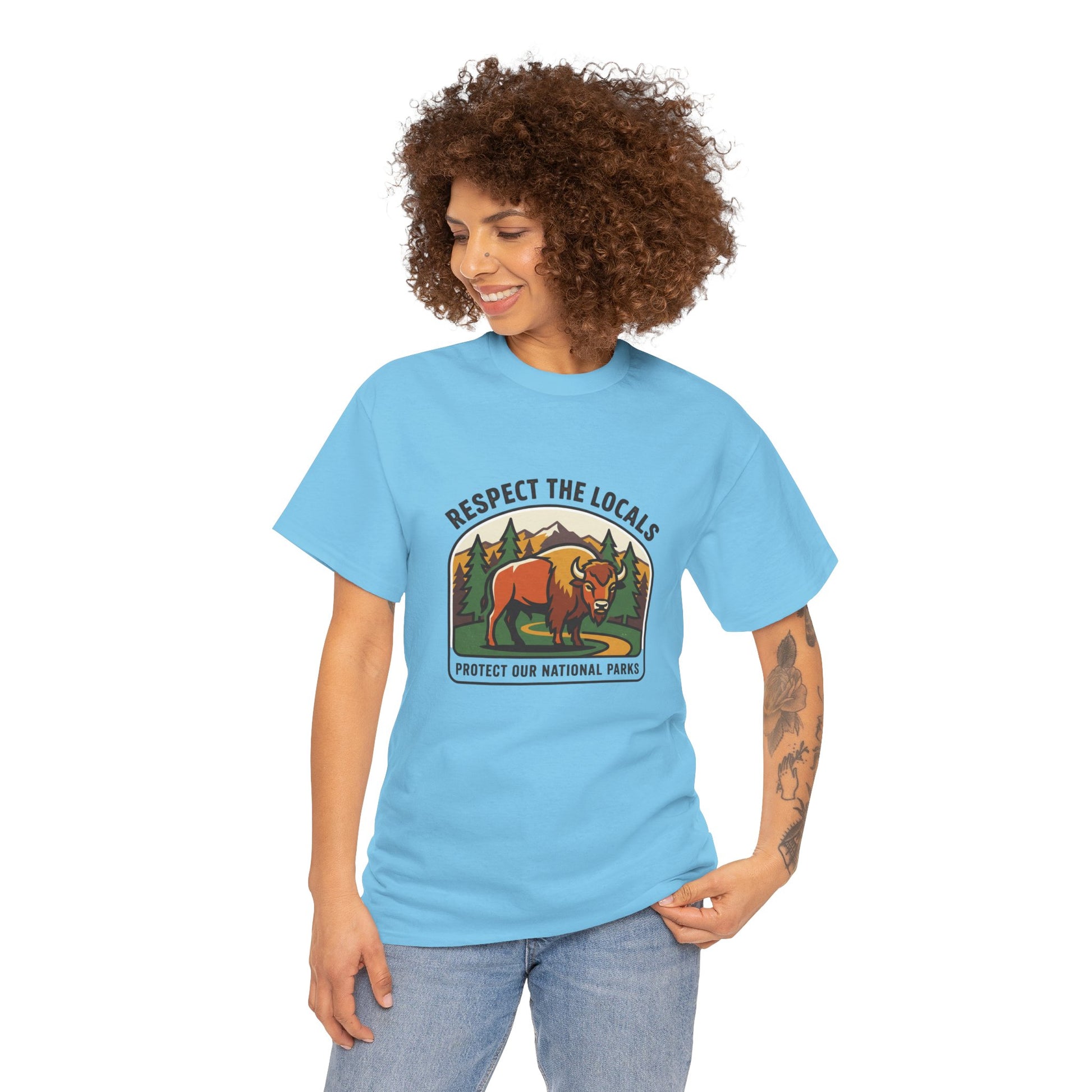 Respect the Locals Bison Patch T-Shirt featuring a bison patch design, perfect for hiking, camping, and national park souvenirs.
