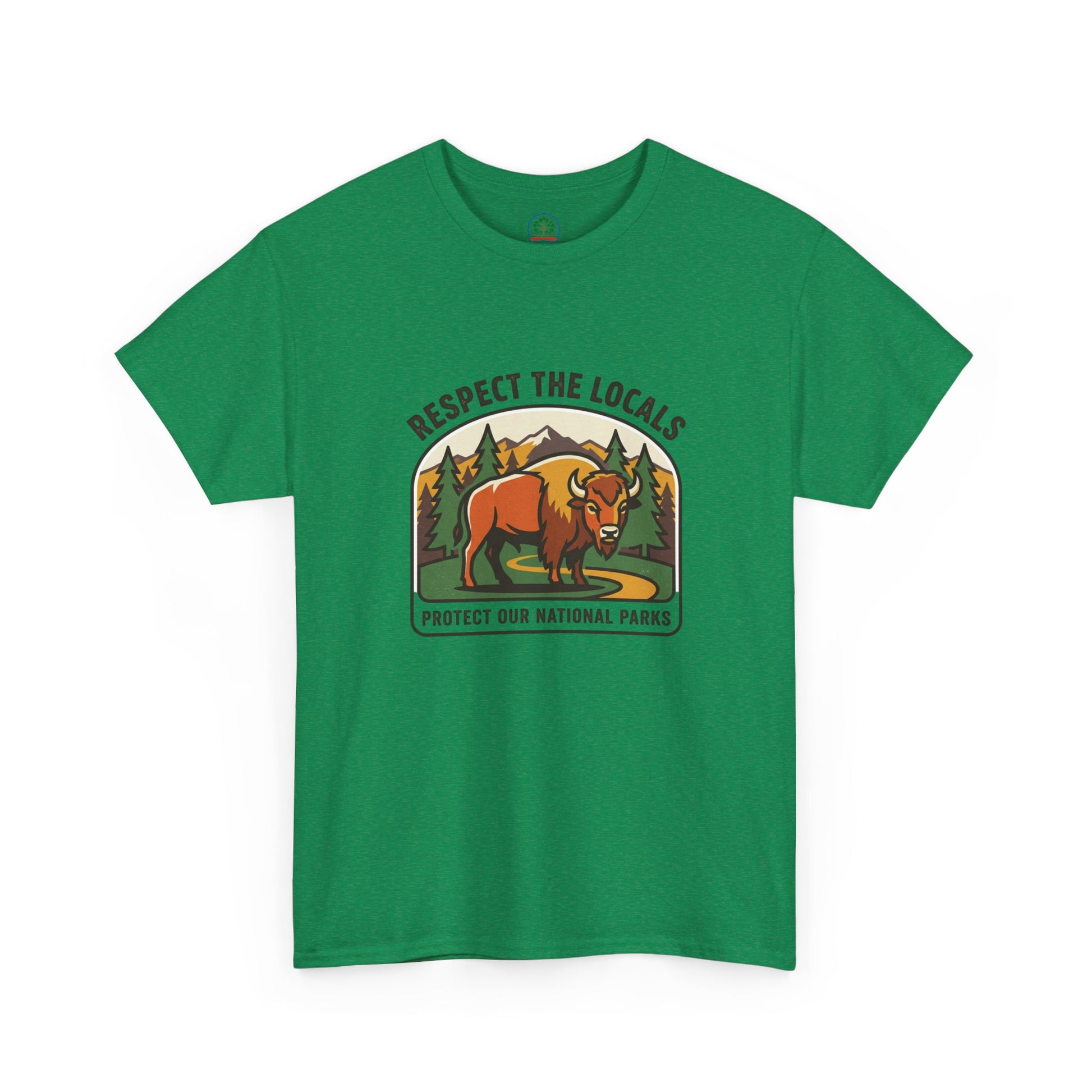 Respect the Locals Bison Patch T-Shirt featuring a printed bison design, perfect for hiking and camping enthusiasts.