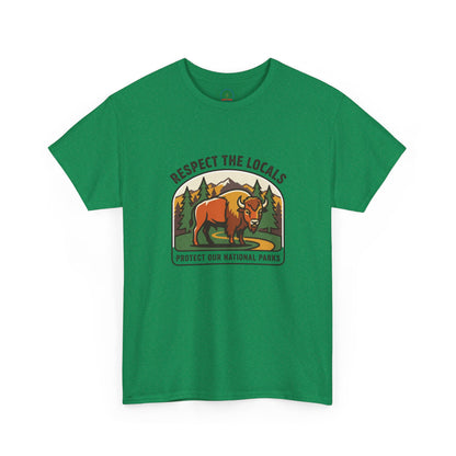 Respect the Locals Bison Patch T-Shirt featuring a printed bison design, perfect for hiking and camping enthusiasts.
