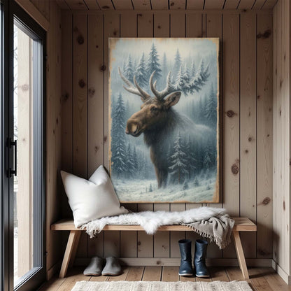 Snowy forest scene with a moose, double exposure wall art on canvas by Tailored Canvases, showcasing nature and wildlife imagery.