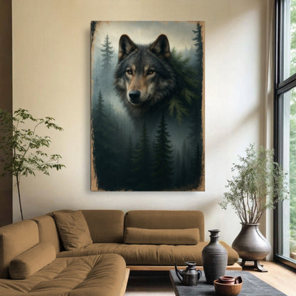 Wolf Double Exposure Wall Art canvas by Tailored Canvases, featuring a striking double exposure wolf design on a textured canvas.