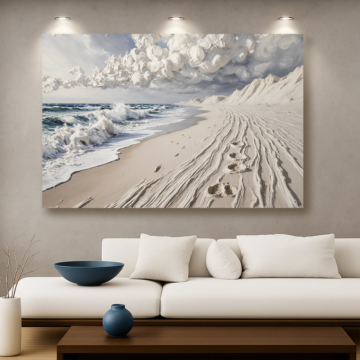 Canvas wall art featuring footprints in the sand, by Tailored Canvases, showcasing a serene beach scene with footprints on the shoreline.