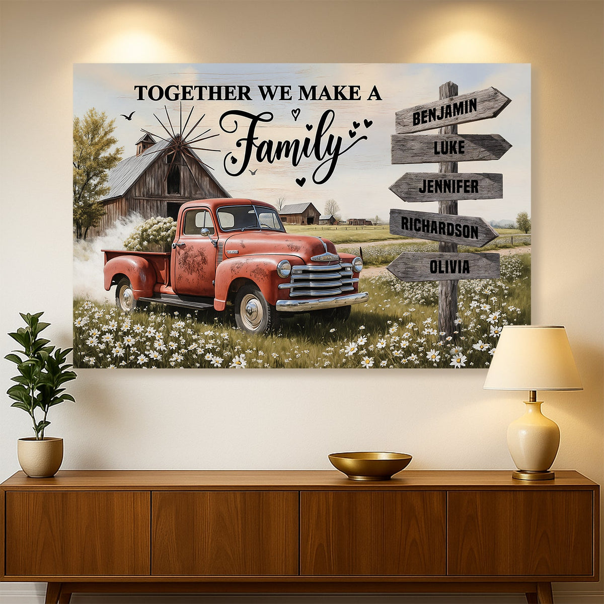 Personalized family farmhouse old truck wall art on canvas by Tailored Canvases, featuring vintage truck and rustic farmhouse scene.