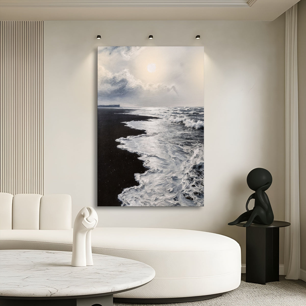 Black and white waves abstract canvas wall art by Tailored Canvases, featuring flowing wave patterns in a modern design.