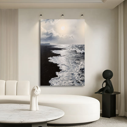 Black and white waves abstract canvas wall art by Tailored Canvases, featuring flowing wave patterns in a modern design.