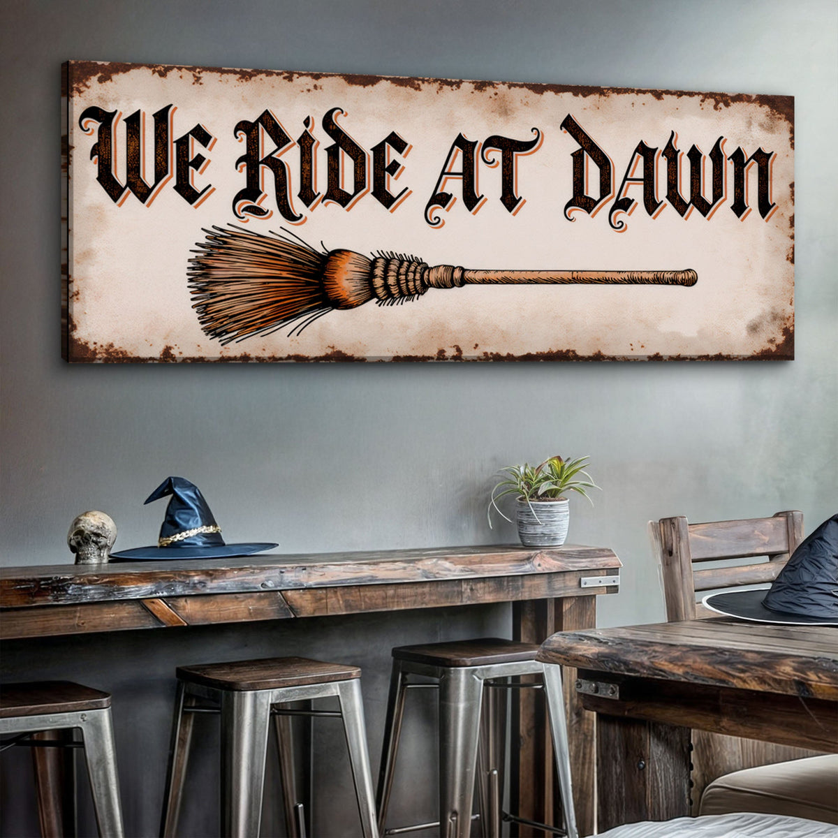 Halloween-themed canvas wall sign with "We Ride At Dawn" design by Tailored Canvases, featuring spooky, festive artwork for Halloween decor.