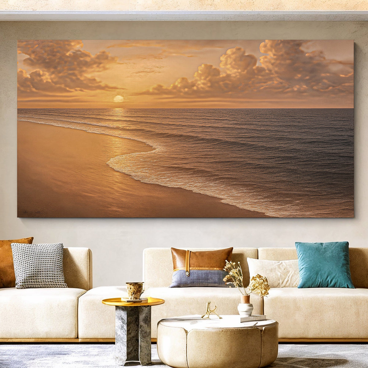 Canvas wall art by Tailored Canvases depicting a serene beach shoreline coastal scene with sand and ocean waves.