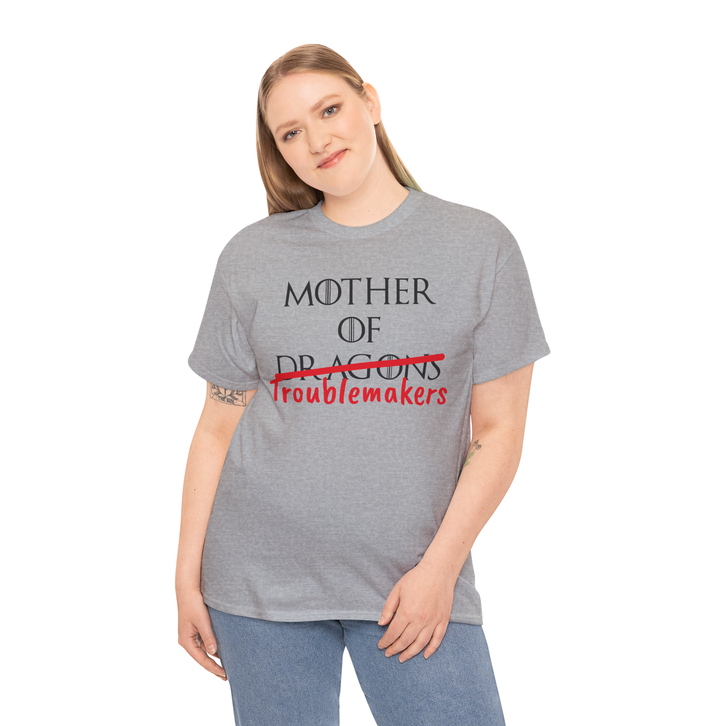 Mother of Dragons T-Shirt by Printify featuring a fiery dragon design, inspired by Song of Fire & Ice, customizable for Mother's Day.