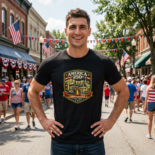 America 250th Anniversary Crest T-Shirt by Printify featuring patriotic design for 4th of July celebrations.
